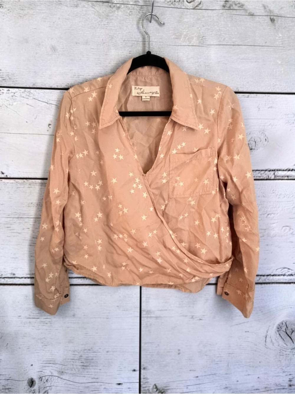 Vintage Havana Star Print Wrap Blouse S Tan Celestial Boho Whimsygoth Top